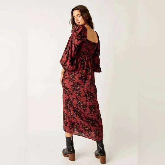 Free People Women's Jaymes Midi Dress floral full sleeve puff - Picture 2 of 8